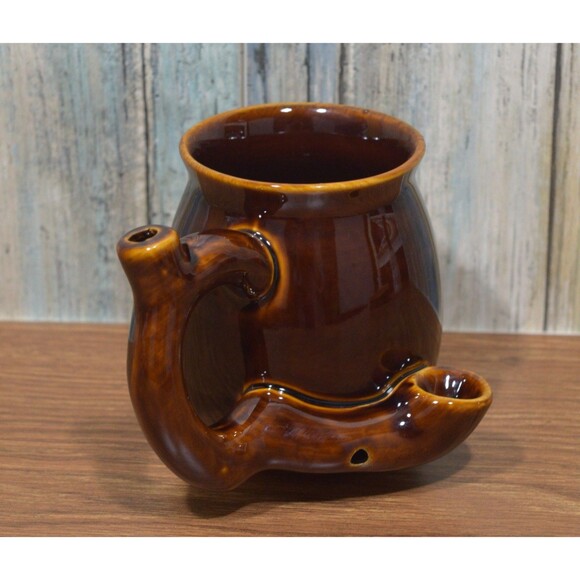 Wake and Bake Mug Pipe Ceramic Smoking Coffee Cup Brown Rustic Design - Picture 2 of 9
